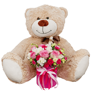 Pink rose 50 cm - 10, lisianthus - 4, Pink spray carnation - 4, Round flower box small , Oasis, Film, Pistachio, Ruscus, Ribbon, Teddy bear 70 cm