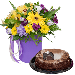 Gerbera yellow - 2, Lilac carnation - 3, Orchid bud yellow/brown Cymbidium - 3, Alstromeria lilac, purple - 2, Bacardi Yellow Spray Chrysanthemum - 3, Alstromeria Yellow, Orange - 1, Purple Lisianthus (Eustoma) - 6, Round flower box small , Film, Oasis, Pistachio, Ruscus, Ambrella, Flask for orchids, Ribbon, Cake in assortment