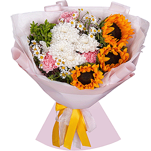 Sunflower - 3, Baltica White Spray Chrysanthemum - 1, Chamomile - 2, Pink carnation - 9, Pistachio, Wrapping Paper