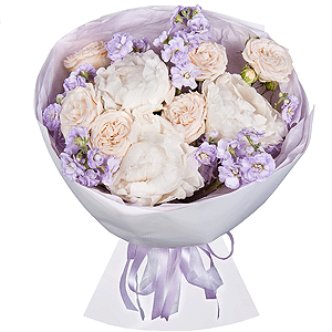 Peony white - 3, Peony sprayrose - 7, Matthiola Lilac - 3, Wrapping Paper