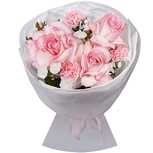 Rose Esperance - 4, Pink carnation - 4, White spray carnation - 5, Wrapping Paper