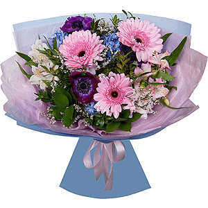 Gerbera pink - 5, Blue Hyacinth - 4, Alstromeria white, soft pink - 5, Freesia - 3, Limonium (1 pc.), Pistachio, Ruscus, Wrapping Paper