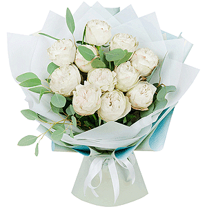 Peony style roses - 15, Eucalyptus parvifolia (1 pc.), Wrapping Paper, Ribbon