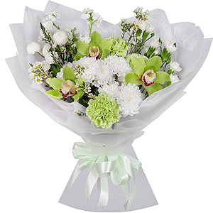Green Cymbidium Orchid Bud - 3, Baltica White Spray Chrysanthemum - 2, Green carnation - 5, White spray carnation - 5, White Matthiola - 2, Athos poms Stallion - 1, Flask for orchids, Waxflower (1 pc.), Wrapping Paper