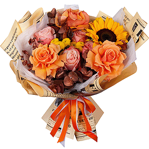 Rose Orange 50 cm Ecuador (High Magic, High Yollow Magic) - 5, Peony rose Kahala 50 cm - 4, Newton Yellow Spray Chrysanthemum - 3, Sunflower - 1, Eucalyptus Cinerea, Wrapping Paper