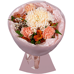 Magnum White Chrysanthemum - 1, Pink carnation - 7, Alstromeria Yellow, Orange - 3, Waxflower (1 pc.), Wrapping Paper