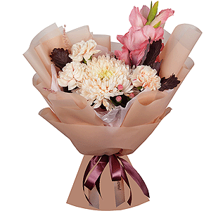 Pink Gladiolus - 1, Magnum White Chrysanthemum - 1, Carnation white, cream - 5, Hypericum, Astilbe, Salal, Wrapping Paper