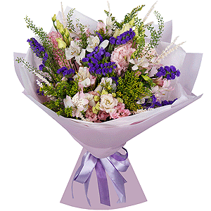 Pink Lisianthus (Eustoma) - 3, Alstromeria white, soft pink - 10, Blue Statice, Solidago (1 pc.), Green bell (1 pc.), Dried flowers in assortment, Wrapping Paper