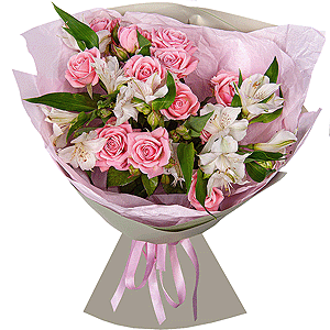 Alstromeria white, soft pink - 4, Bright pink spray rose mix, 50 cm - 3, Wrapping Paper