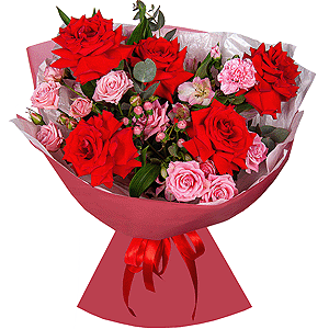 Red rose Nina 50 cm - 7, Bright pink spray rose mix, 50 cm - 2, Pink spray carnation - 1, Alstromeria white, soft pink - 6, Hypericum, Eucalyptus, Wrapping Paper