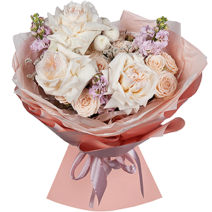 Peony style roses - 7, Peony sprayrose - 3, Matthiola Lilac - 3, Newton White Spray Chrysanthemum - 2, Limonium (1 pc.), Wrapping Paper