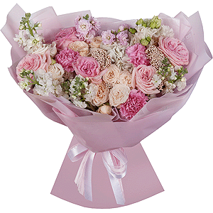 White Hydrangea - 1, Peony style roses - 5, Peony sprayrose - 2, White Matthiola - 5, lisianthus - 3, Pink carnation - 9, Ozotamnus, Wrapping Paper