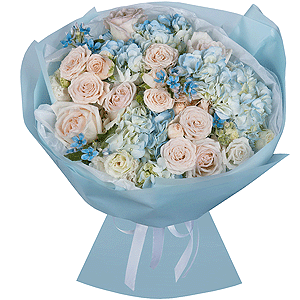 Blue/purple hydrangea - 4, Peony rose pink 'OHara' - 9, Peony sprayrose - 3, lisianthus - 3, Oksipetalum, Wrapping Paper