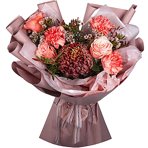Chrysanthemum Bigoudi purple - 1, Peony rose Kahala 50 cm - 3, Orange carnation - 7, Waxflower (1 pc.), Pistachio, Wrapping Paper