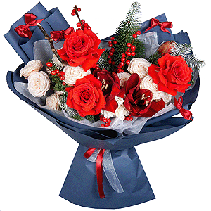 Red rose Nina 50 cm - 3, Red amaryllis - 1, Peony sprayrose - 6, Spruce branches (1pc.), Artificial branch, Ilex, Wrapping Paper