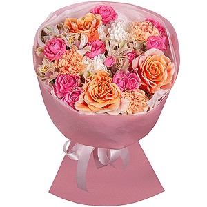 Pink-orange rose Phoenix 50 cm - 3, Bright pink spray rose mix, 50 cm - 3, Baltica White Spray Chrysanthemum - 1, Carnation white, cream - 7, Alstromeria white, soft pink - 6, Wrapping Paper