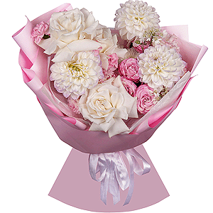 White rose 50 cm Ecuador - 5, White Dahlia - 3, Peony sprayrose - 1, Pink Lisianthus (Eustoma) - 2, Pink spray carnation - 5, Baltica White Spray Chrysanthemum - 1, Wrapping Paper