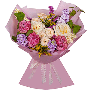 White rose 50 cm Ecuador - 5, Pink rose Country Blues 50 cm - 3, Spray rose: white, cream, light pink 50 cm - 4, Matthiola Lilac - 3, White Matthiola - 2, Pink Statice, Solidago (1 pc.),  Raspberry branch, Wrapping Paper