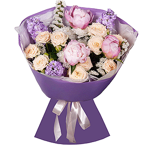 Peony pink - 3, Matthiola Lilac - 3, Baltica White Spray Chrysanthemum - 7, Spray rose: white, cream, light pink 50 cm - 2, White statice, Wrapping Paper