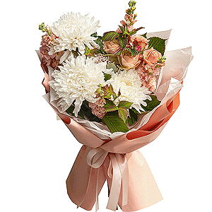Magnum White Chrysanthemum - 5, Pink Matthiola - 4, Spray rose: white, cream, light pink 50 cm - 5, Ozotamnus,  Raspberry branch, Wrapping Paper
