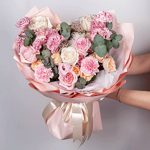 White rose 50 cm Ecuador - 5, Peony rose pink 'OHara' - 3, Pink Lisianthus (Eustoma) - 3, Baltica White Spray Chrysanthemum - 2, Spray rose: white, cream, light pink 50 cm - 5, Pink carnation - 9, Eucalyptus, Ozotamnus, Wrapping Paper