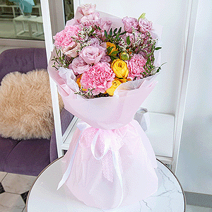 Pink Lisianthus (Eustoma) - 3, Pink carnation - 5, Spray rose: yellow, orange 50 cm - 3, Pistachio, Limonium (1 pc.), Wrapping Paper