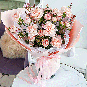 Carnation white, cream - 13, Bright pink spray rose mix, 50 cm - 6, Waxflower (1 pc.), Hypericum, Wrapping Paper