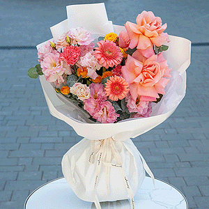 Rose Pink 50 cm Ecuador (Chelo, Hermosa, Novia, Titanik, Engagement, Pink Mondiale) - 5, Gerbera pink - 2, Pink carnation - 5, Spray rose: yellow, orange 50 cm - 2, Pink Lisianthus (Eustoma) - 4, Eucalyptus Cinerea, Wrapping Paper