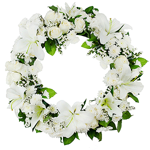 White rose 50 cm - 18, Baltica White Spray Chrysanthemum - 12, Lilies - 3, Funeral wreath frame, White statice, Salal