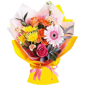 Spray rose: yellow, orange 50 cm - 2, Pink spray carnation - 2, Baltica Yellow Spray Chrysanthemum - 2, Pink Lisianthus (Eustoma) - 1, Gerbera pink - 1, Pink rose 50 cm - 3, Ruscus, Wrapping Paper
