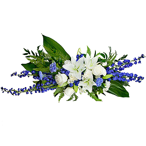 Blue carnation - 4, White rose 50 cm - 6, lisianthus - 5, Lilies - 3, Carnation white, cream - 5, Pot for compositions, Oasis, Blue Delphinium, Ambrella, Ruscus italian, Aspidistra (1 pc.), Skimmia