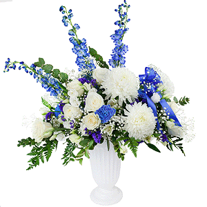 Magnum White Chrysanthemum - 5, White rose 50 cm - 14, lisianthus - 6, Alstromeria white, soft pink - 4, Blue carnation - 5, Gypsophila - 3, Oasis, Blue Delphinium, Blue Statice, Fern (1 pc.), Eucalyptus Cinerea, Ribbon