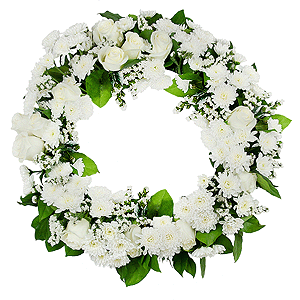 White rose 50 cm - 20, Baltica White Spray Chrysanthemum - 15, Funeral wreath frame, White statice, Salal