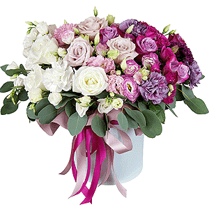 Deep Purple rose - 9, Pink rose 50 cm - 6, White rose 50 cm - 6, Pink carnation - 4, Bright pink spray rose mix, 50 cm - 7, Baltica Pink Spray Chrysanthemum - 5, lisianthus - 3, Pink Lisianthus (Eustoma) - 6, Carnation white, cream - 4, Lilac carnation - 4, Round flower box medium, Oasis, Wrapping Paper, Eucalyptus populus (1 pc.)