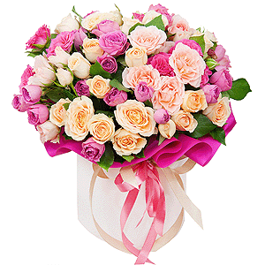 Bright pink spray rose mix, 50 cm - 10, Spray rose: white, cream, light pink 50 cm - 15, Round flower box small , Oasis, Wrapping Paper, Ribbon