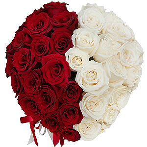 Red rose 50 cm - 32, White rose 50 cm - 29, Round flower box medium, Oasis, Ribbon