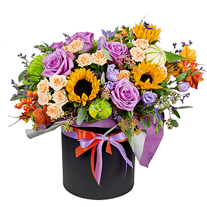 Sunflower - 4, Yellow chrysanthemum  single-headed Anastasia - 3, Deep Purple rose - 7, Spray rose: white, cream, light pink 50 cm - 7, Pink Lisianthus (Eustoma) - 4, Round flower box medium, Oasis, Wrapping Paper, Artificial branch, Limonium (1 pc.), Artificial branch, Decorative element small