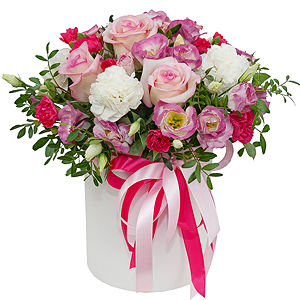 Carnation white, cream - 6, Pink Lisianthus (Eustoma) - 7, Pink spray carnation - 5, Pink rose 50 cm - 5, Round flower box small , Oasis, Film, Pistachio, Ribbon