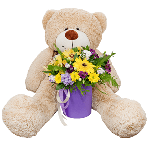 Gerbera yellow - 3, Lilac carnation - 3, Orchid bud yellow/brown Cymbidium - 3, Alstromeria Yellow, Orange - 2, Bacardi Yellow Spray Chrysanthemum - 3, Alstromeria lilac, purple - 2, Purple Lisianthus (Eustoma) - 7, Round flower box small , Film, Oasis, Pistachio, Ruscus, Ambrella, Flask for orchids, Ribbon, Teddy bear 90 cm