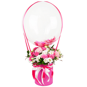 Bright pink spray rose mix, 50 cm - 9, Pink carnation - 5, lisianthus - 5, White Matthiola - 4, Round flower box small , Oasis, Film, Limonium (1 pc.), Ribbon, Transparent balloon Bubble with filling, Pistachio