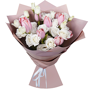 Pink tulip - 17, lisianthus - 5, Wrapping Paper, Ribbon