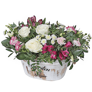 White rose 50 cm - 5, lisianthus - 4, Athos poms Stallion - 3, Alstromeria Red, Bright Pink - 3, Pistachio, Ruscus, Oasis, Wooden pot