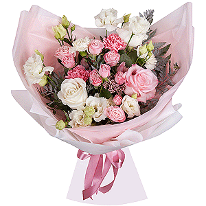 Pink rose 50 cm - 2, White rose 50 cm - 3, Bright pink spray rose mix, 50 cm - 3, Carnation white, cream - 3, lisianthus - 3, Pink carnation - 2, Ozotamnus, Pistachio, Fern (1 pc.), Wrapping Paper
