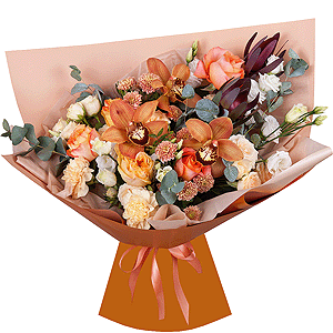 Orchid bud yellow/brown Cymbidium - 5, Athos poms Stallion - 4, Spray rose: white, cream, light pink 50 cm - 4, lisianthus - 2, Carnation white, cream - 7, Pink-orange rose Phoenix 50 cm - 7, Flask for orchids, Leukodendron, Eucalyptus Cinerea, Pistachio, Wrapping Paper