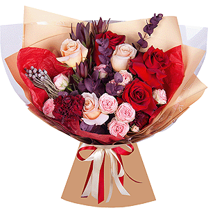 Red rose 50 cm - 4, Rose Cream 50 cm - 3, Peony sprayrose - 3, Carnation red - 2, Leukodendron, Brunia Green Lanuginosa (1 pc.), Eucalyptus Cinerea, Wrapping Paper, Ribbon