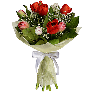 Red tulip - 5, Gypsophila - 1, Pink tulip - 4, Tulip white - 4, Salal, Felt, Ribbon