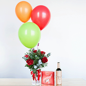 Red rose 50 cm - 7, Pistachio, Eucalyptus Cinerea, Ribbon, Lindt Candy Box, Helium Balloon (1 pc.), Non-alcoholic champagne or wine