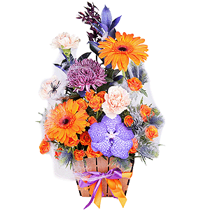 Gerbera daisies - 2, Chrysanthemum Bigoudi purple - 2, Spray rose: yellow, orange 50 cm - 2, Vanda Orchid bud - 1, Carnation white, cream - 5, Wooden pot, Oasis, Ruscus, Pistachio, Flask for orchids, Eryngium, Dried flowers decor, Decorative element small, Ribbon
