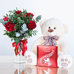 Red rose 50 cm - 9, Pistachio, Eucalyptus Cinerea, Ribbon, Lindt Candy Box, Taddy Bear 45 cm