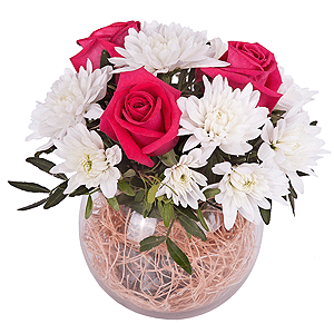 Pink rose 50 cm - 3, Baltica White Spray Chrysanthemum - 2, Transparent vase, Oasis, Sisal, Pistachio